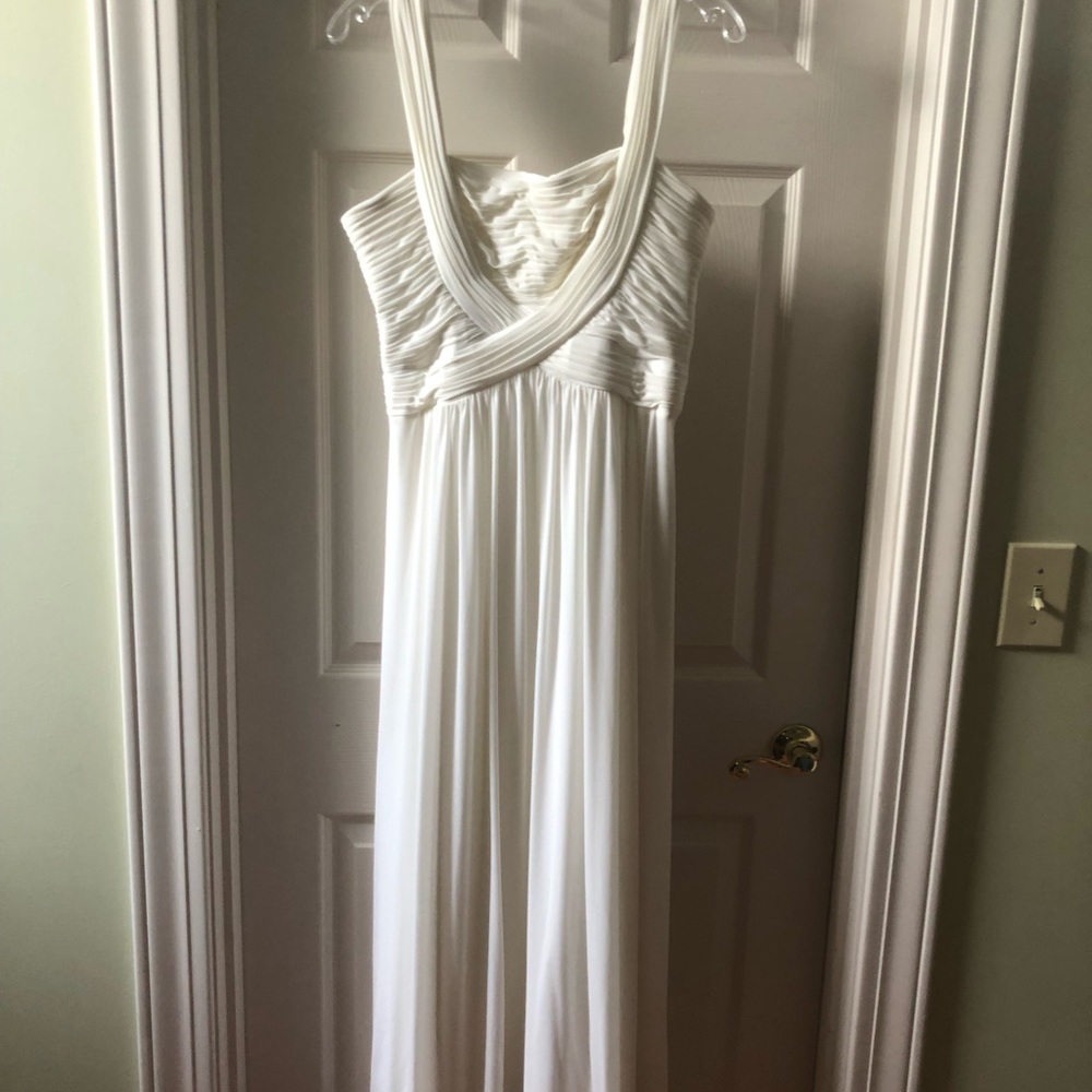 BCBG soft white or light ivory gown.